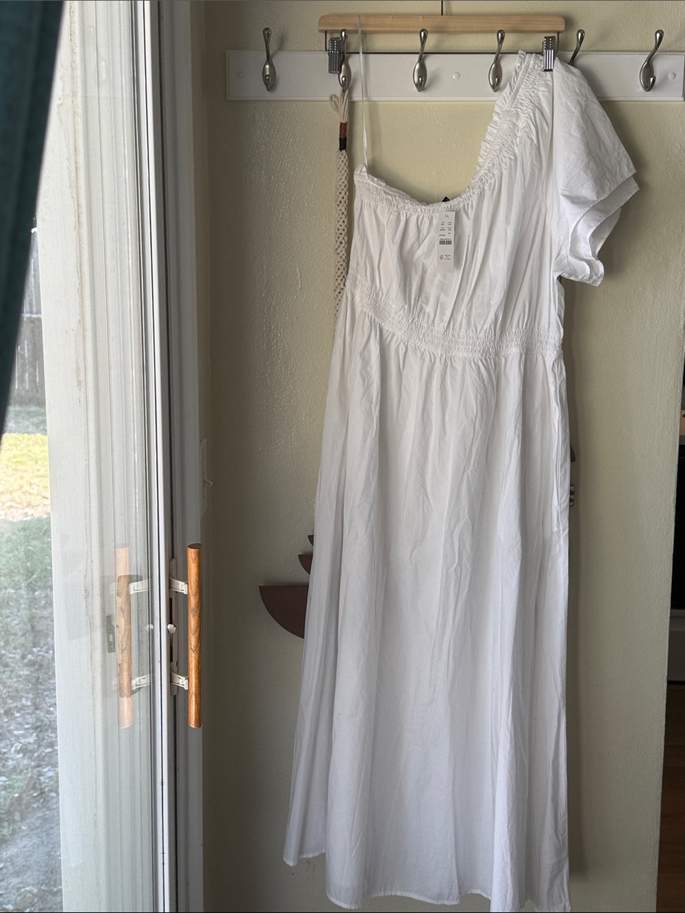 J. Crew White One-Shoulder Smocked-Waist Maxi Chemise